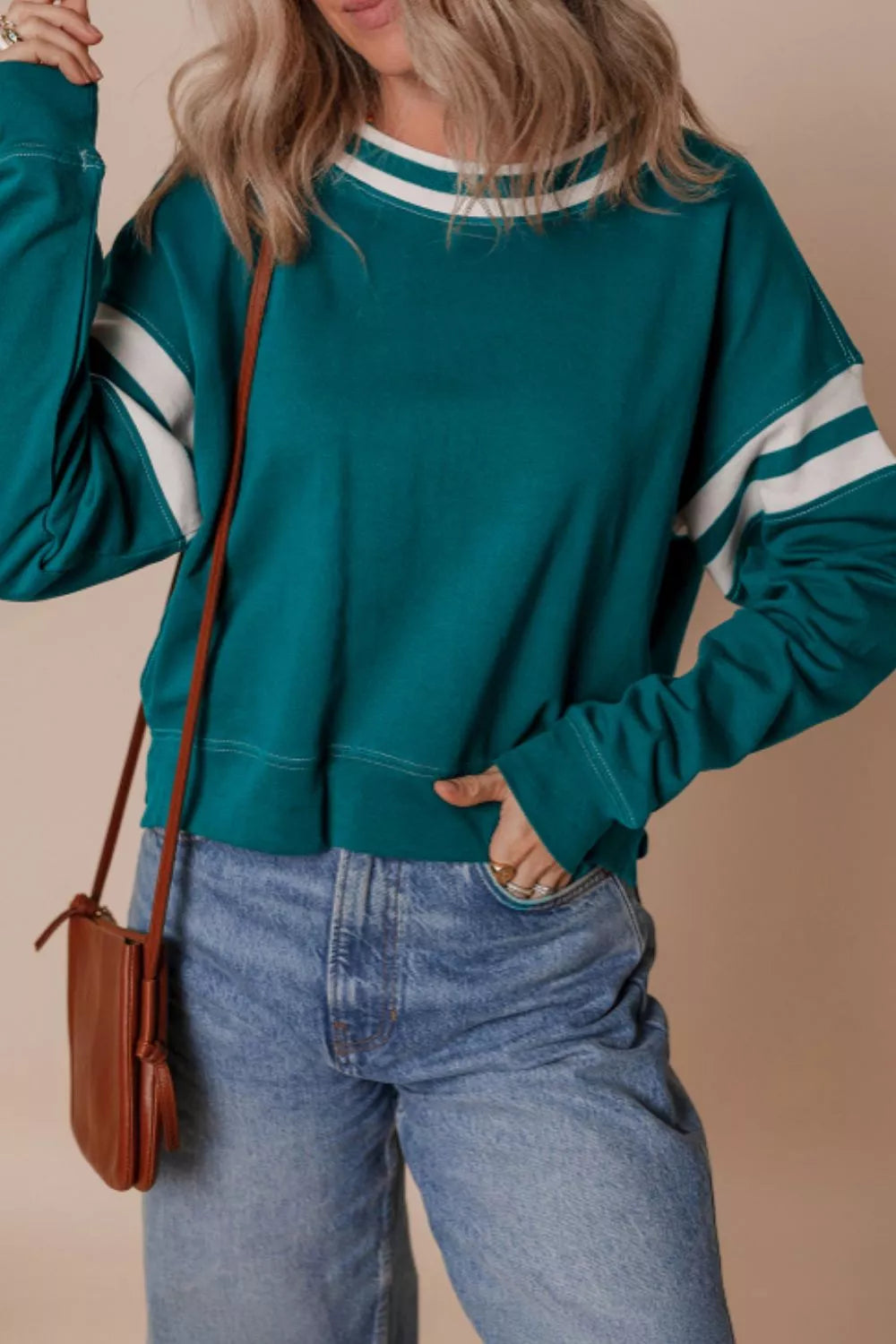 Contrast Striped Patchwork Sweatshirt in French Blue, side view