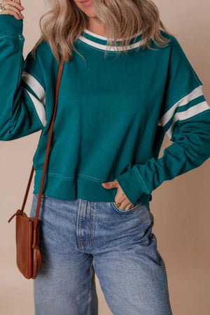 Contrast Striped Patchwork Sweatshirt in French Blue, side view