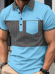 Pastel blue polo shirt with vertical stripe panels on chest and sleeves.