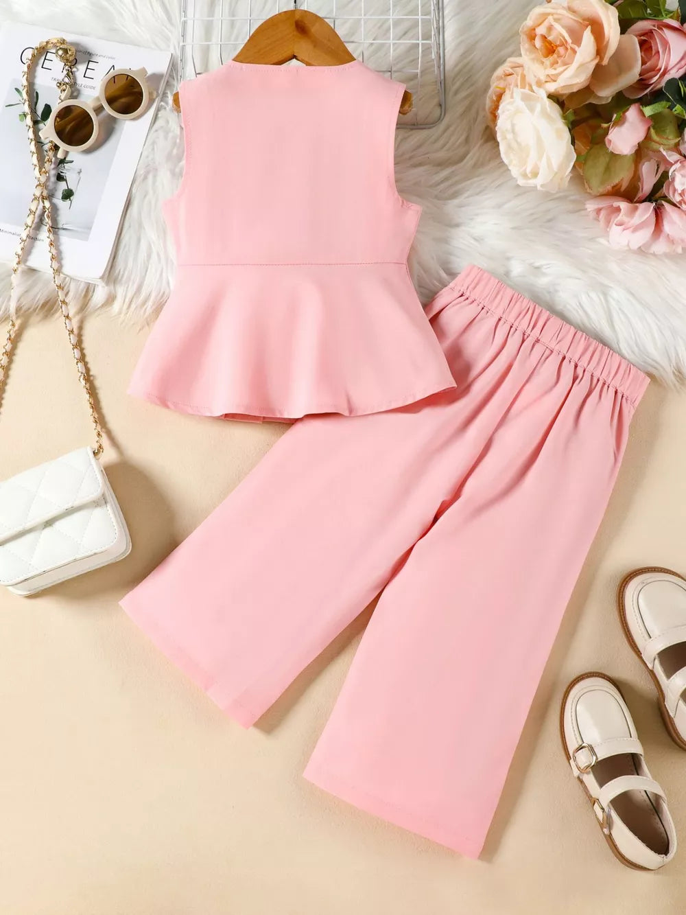 Pink baby girls two-piece set with peplum top and wide-leg pants