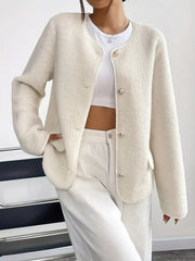Ivory textured button-up fleece jacket with round neckline and silver buttons