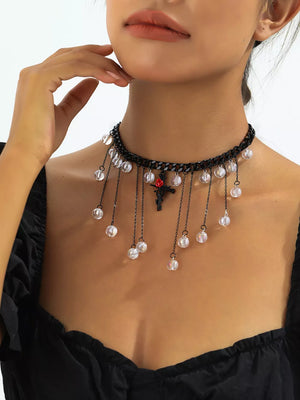 Gothic Rose Cross Dangle Necklace Alloy Resin in Black, side view