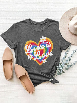Dark Gray graphic tee with rainbow heart and "Love is Love" text, 100% polyester.
