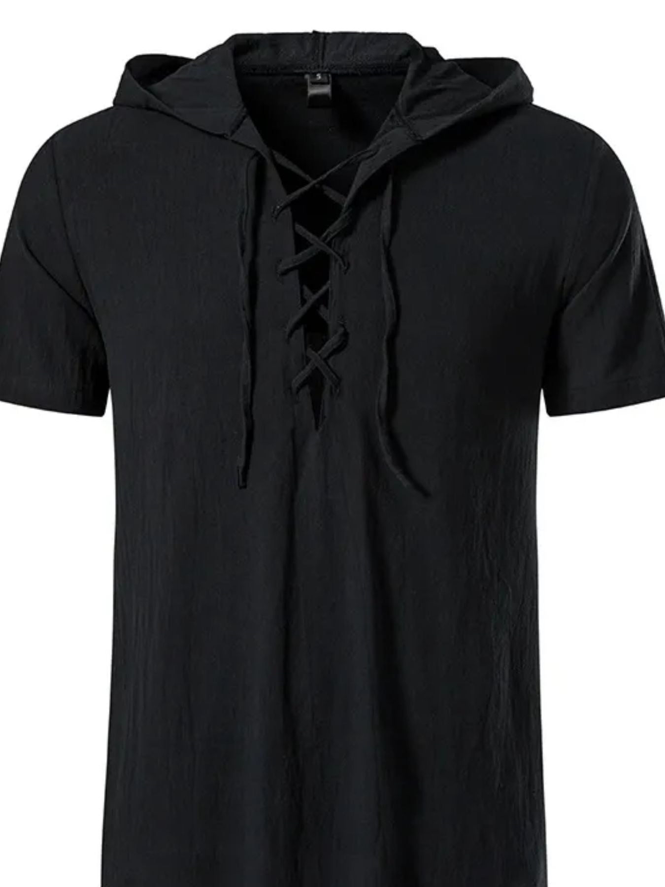 Men's black short sleeve hooded top with lace-up neckline
