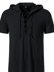 Men's black short sleeve hooded top with lace-up neckline
