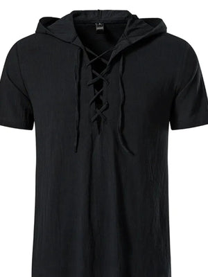 Men's black short sleeve hooded top with lace-up neckline