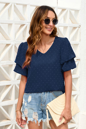 Dark Blue Swiss Dot Blouse with tiered sleeves and V-neckline.