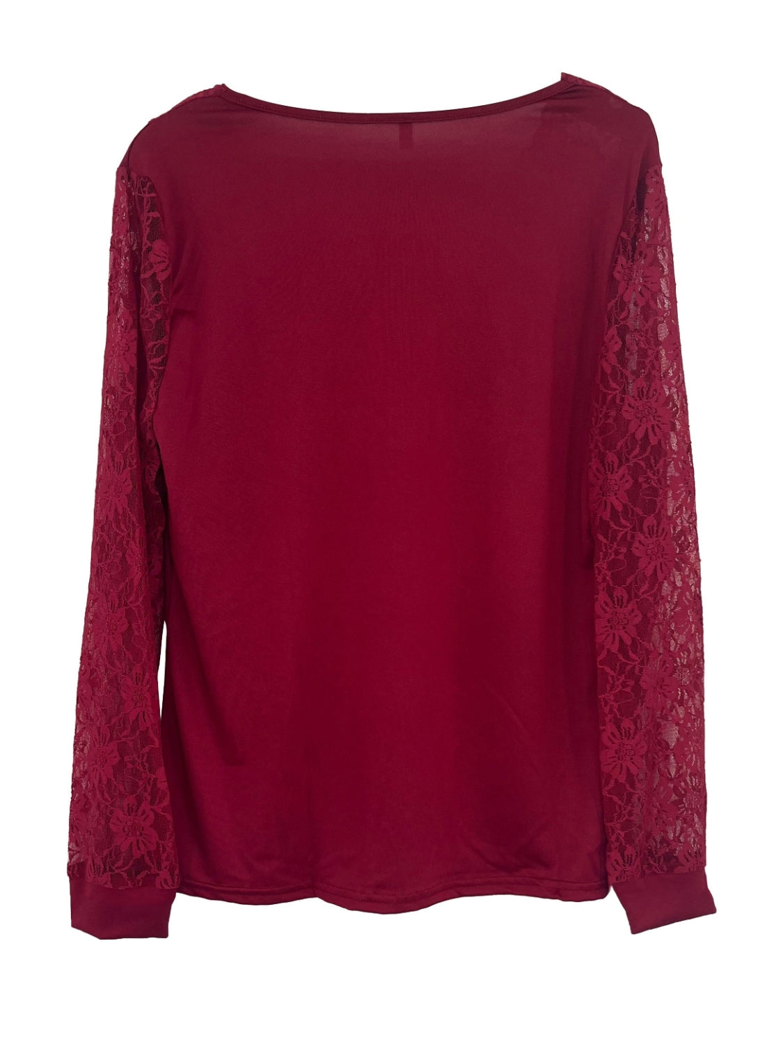 Burgundy long sleeve top with lace inset sleeves and V-neck.