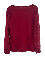 Burgundy long sleeve top with lace inset sleeves and V-neck.