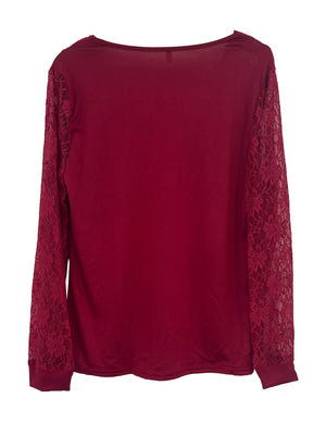Burgundy long sleeve top with lace inset sleeves and V-neck.