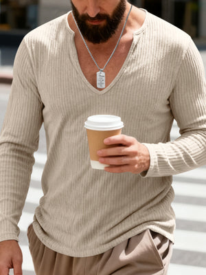Men's ribbed long sleeve t-shirt in Khaki with a deep V-neck.