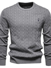 Gray cable knit crewneck sweater with embroidered detail
