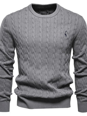 Gray cable knit crewneck sweater with embroidered detail