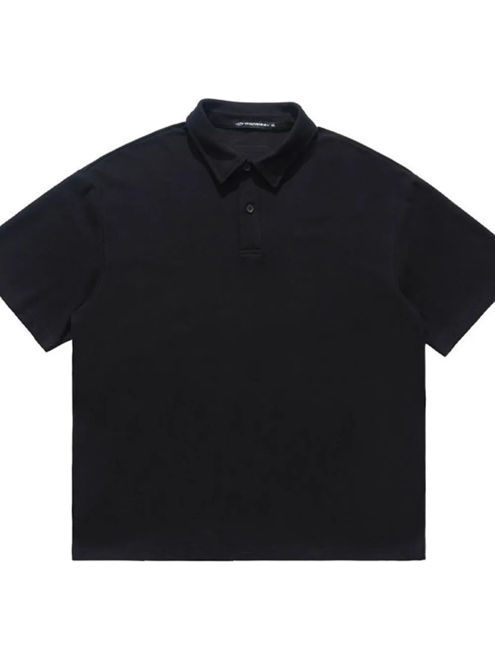 Black cotton blend polo shirt with buttoned placket and short sleeves.