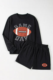 Black cotton sweatshirt and shorts set with football graphic and GAME DAY text.