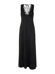 Black lace-trimmed sleeveless maxi gown with V-neck and tie back