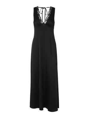 Black lace-trimmed sleeveless maxi gown with V-neck and tie back