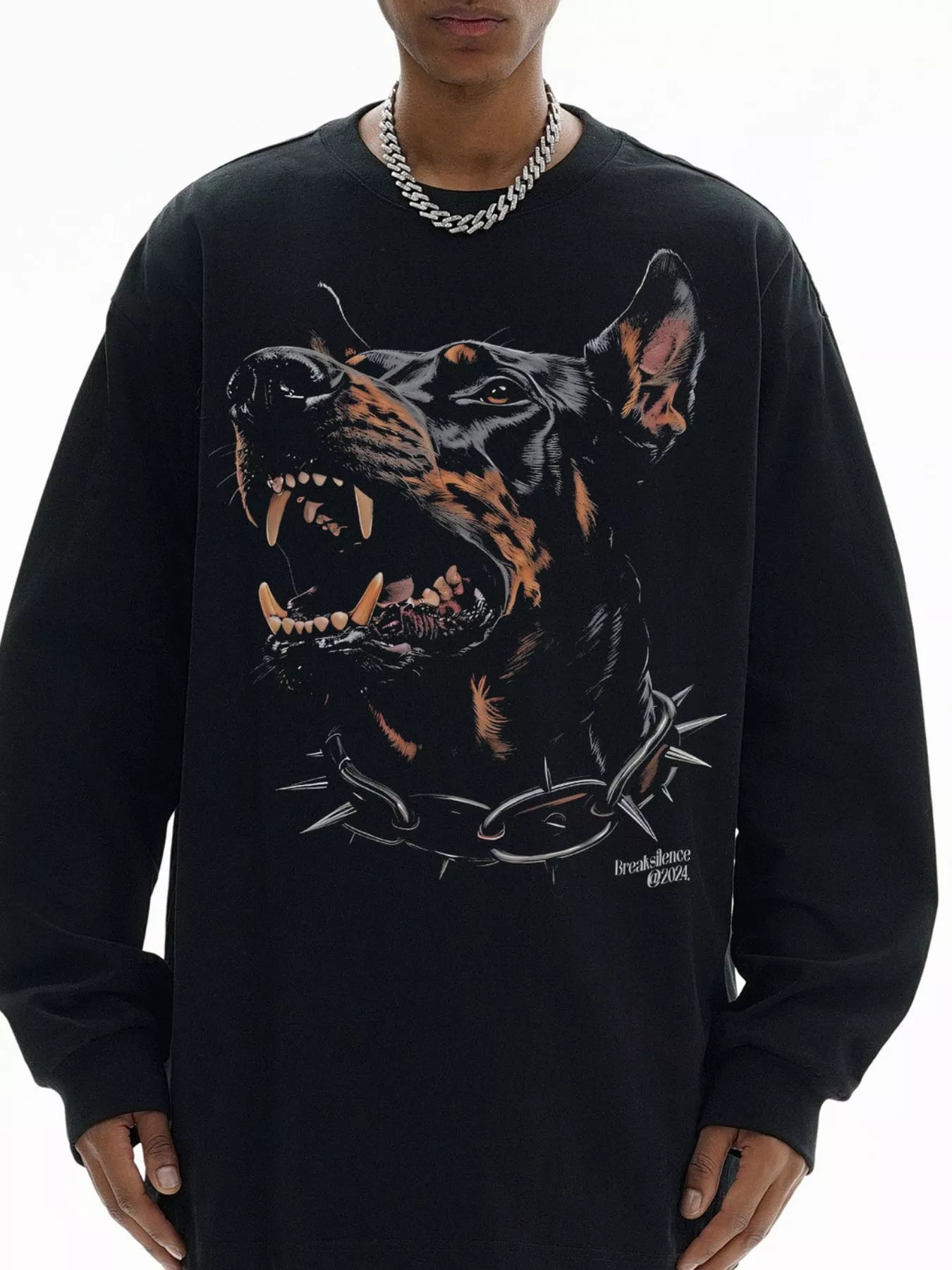 Men's black long-sleeve graphic tee with a snarling Doberman and spiked collar print.