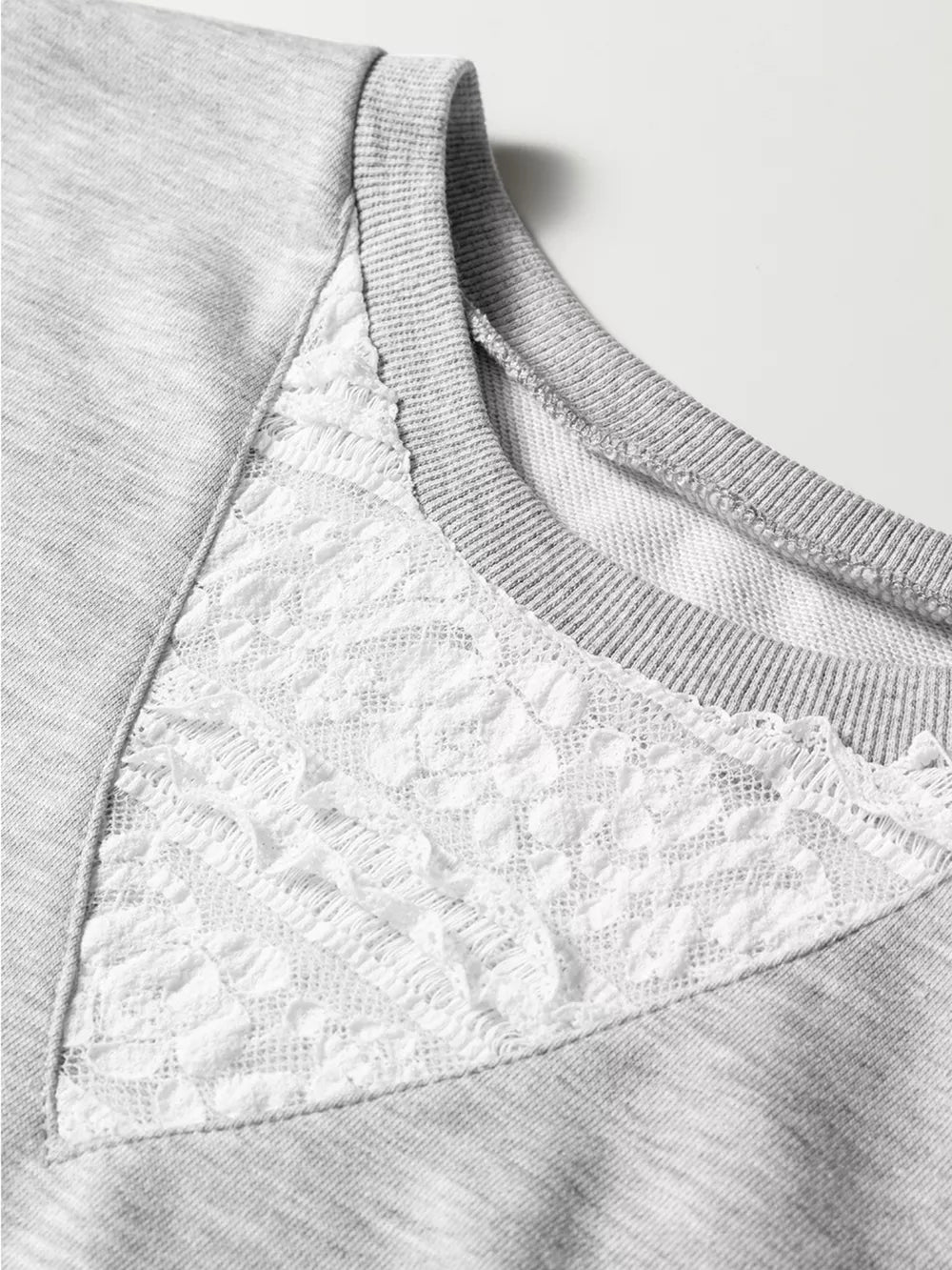 Grey cotton two-piece set with lace trim detail on neckline