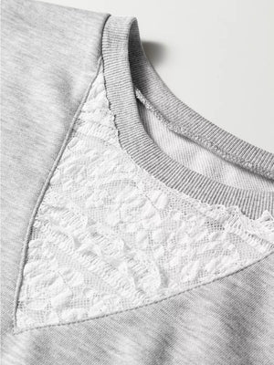Grey cotton two-piece set with lace trim detail on neckline
