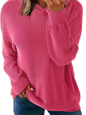 Rose Red ribbed V-neck oversized hoodie sweatshirt with balloon sleeves and a kangaroo pocket.