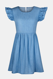 Light blue denim babydoll dress with ruffled short sleeves and a gathered waist