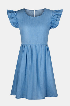 Light blue denim babydoll dress with ruffled short sleeves and a gathered waist