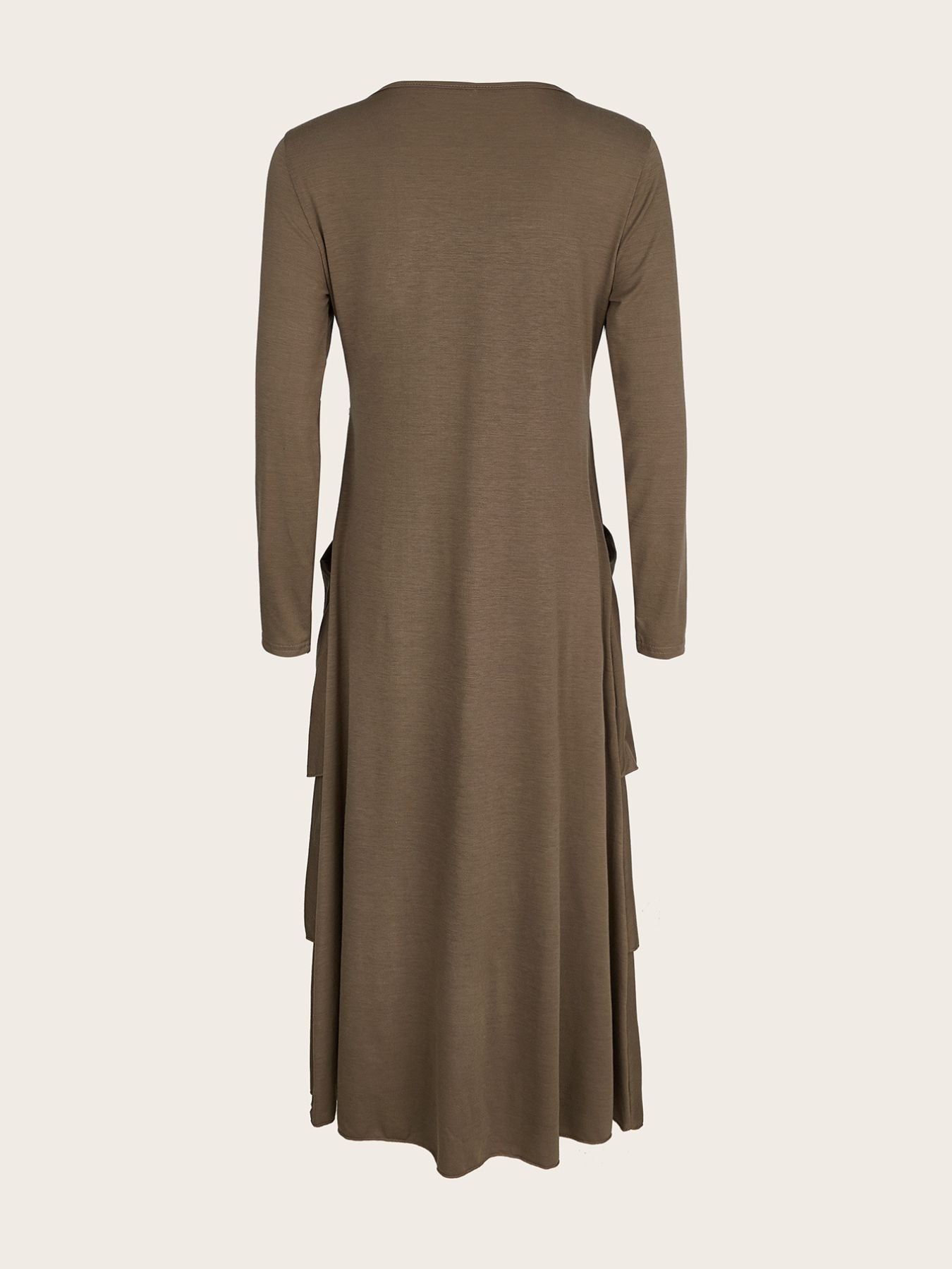 Coffee midi dress with long sleeves, tiered hem, and pockets.