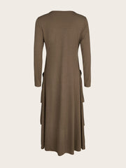 Coffee midi dress with long sleeves, tiered hem, and pockets.