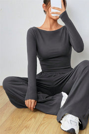 Dark Gray boat neck loungewear set with long sleeves and wide-leg pants.