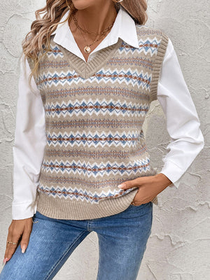 Mocha geometric knit v-neck vest with a fair isle pattern, styled over a white collared shirt.