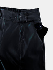 Black faux leather palazzo trousers with belted waist and pocket detail.