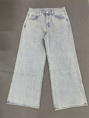Light wash denim high-waisted relaxed fit jeans with button fly and wide leg.