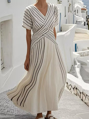Full Size Striped Short Sleeve Wrap Maxi Dress in Beige, front view