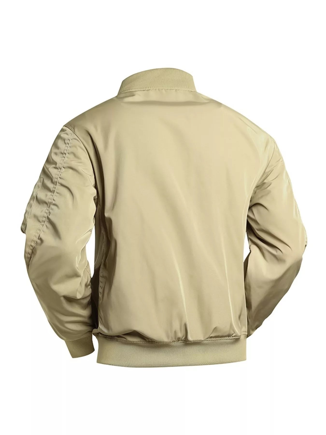 Men's tan utility bomber jacket with ribbed collar, cuffs, and hem.