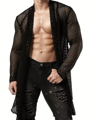 Black mesh panel long sleeve open front cardigan with a sheer, textured design.
