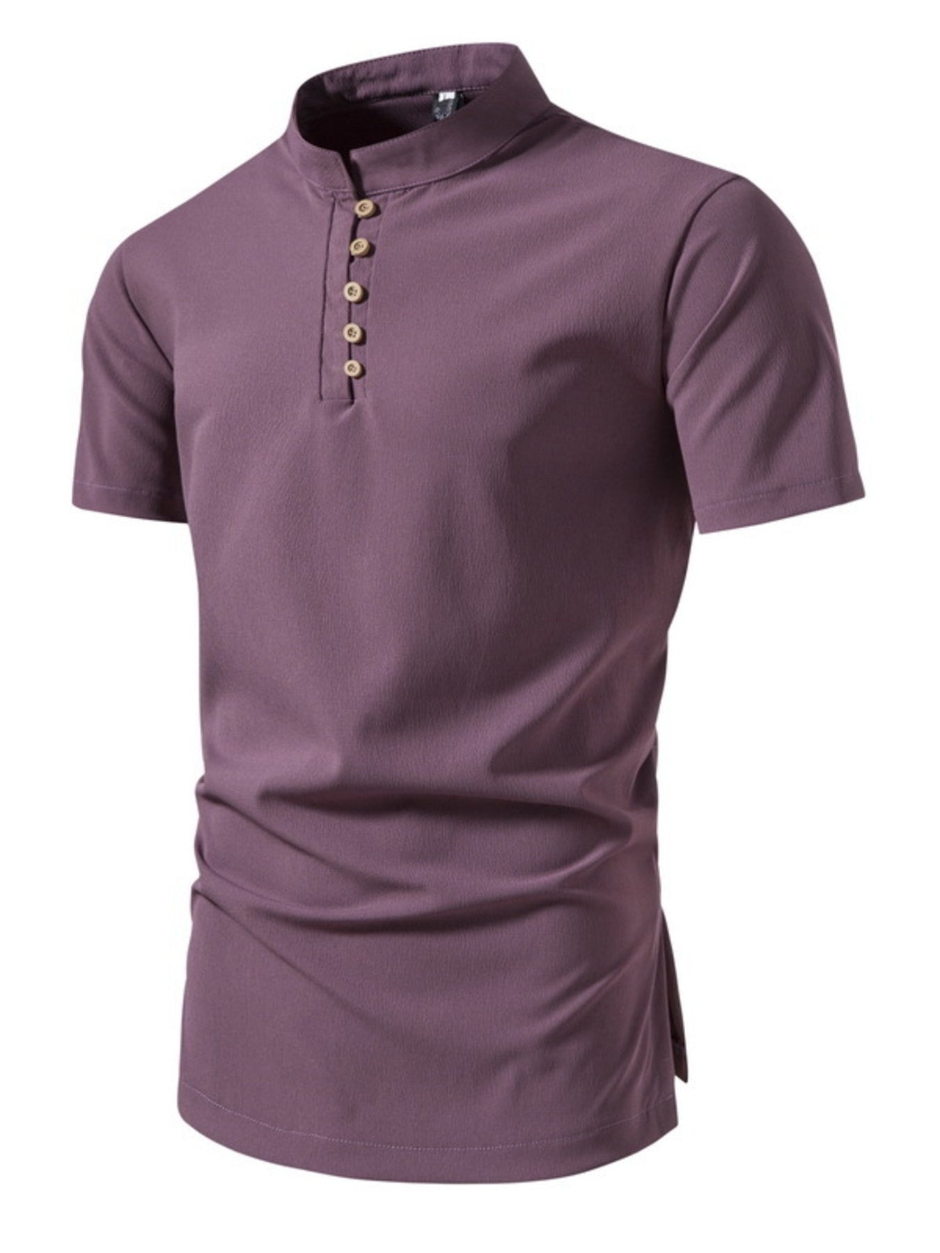 Men's mauve cotton short sleeve shirt with band collar and button detail.
