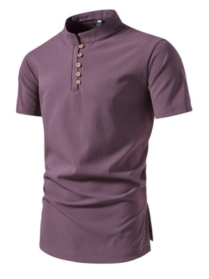 Men's mauve cotton short sleeve shirt with band collar and button detail.