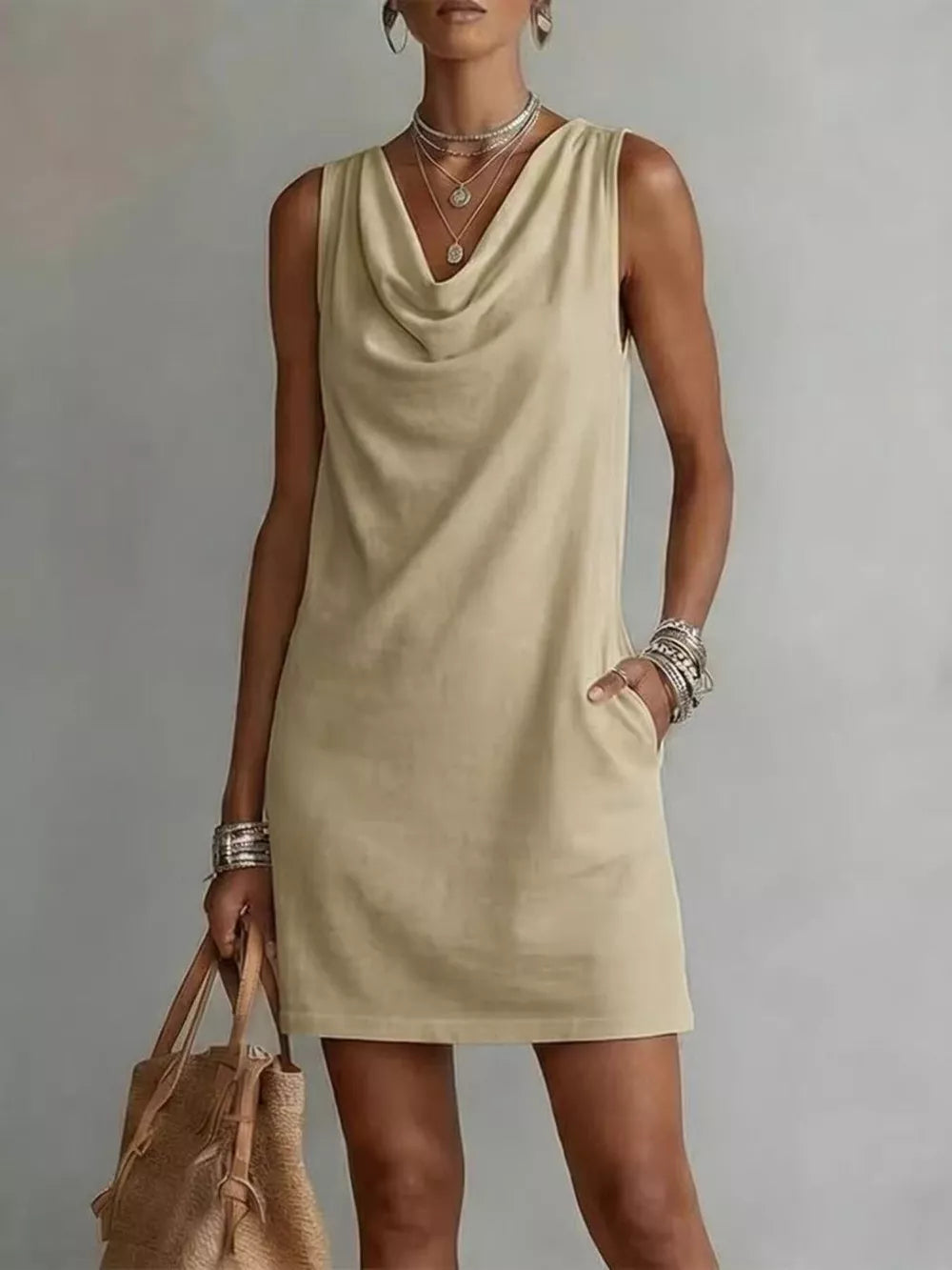 Chic Cowl Neck Mini Dress With Pockets
