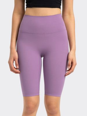 Lavender activewear shorts with a high waist and seamless design.
