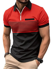 Red and black colorblock zip polo with horizontal stripes and black collar.