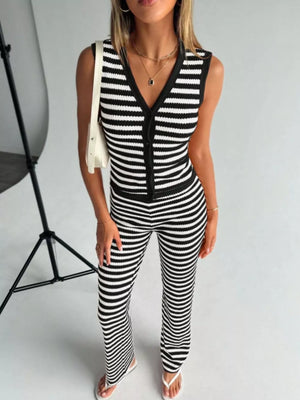 Black and white striped knit V-neck button-front sleeveless top and flare pants set