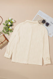 Beige pleated texture oversized button-down shirt with long sleeves