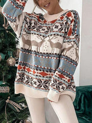 Fair Isle reindeer motif knit sweater in cream with crew neck and long sleeves.