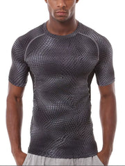 Men's dark gray snake print compression t-shirt with crew neck and short sleeves.