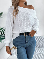 White off-shoulder cable knit pullover sweater with a wide neckline and balloon sleeves.