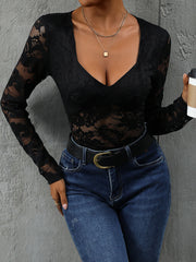 Black lace bodysuit with long sleeves and a deep V-neckline.