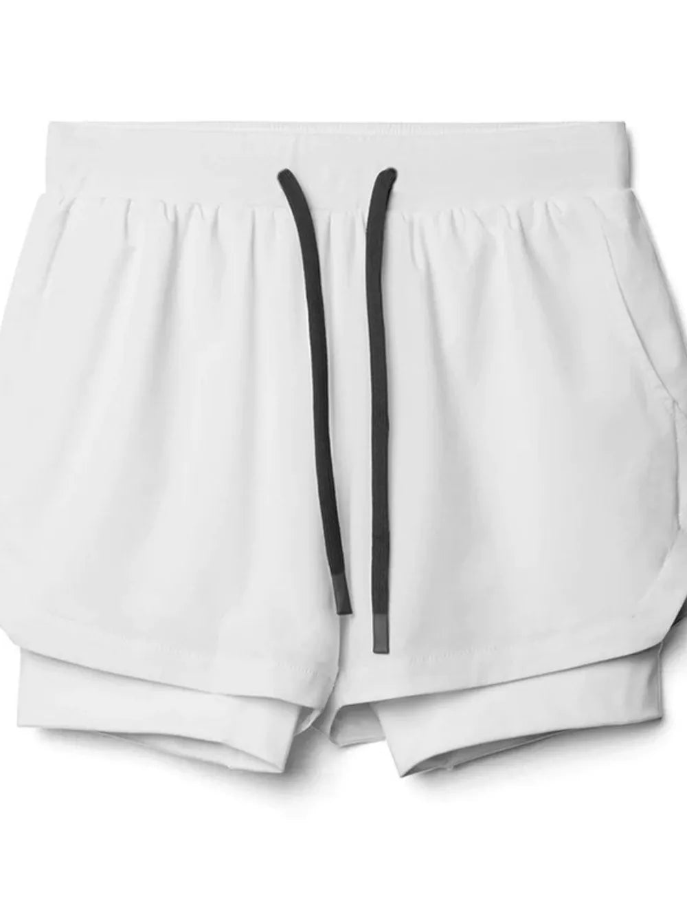 White layered performance shorts with perforated panels and a drawstring waist.