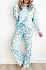 Pastel blue Santa stripe loungewear set with drawstring pants and long sleeve top.