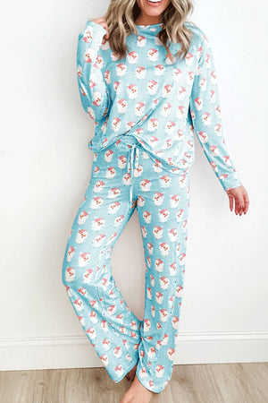Pastel blue Santa stripe loungewear set with drawstring pants and long sleeve top.